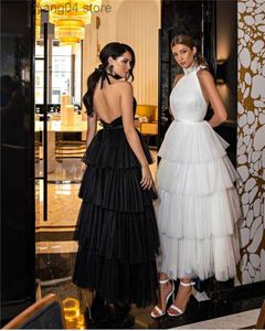 Party Dresses Verngo Halter Sexig rygglös bröllopsfestklänningar Organza Tiered Ribbon Sash Ankle Length Prom Clows White/Black Formal Wear T230502