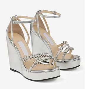 Летние бренды дизайнер Bing Wedge Sandals обувь для женщин комфортные клинья латте наппа кожаные кристаллы два ремня на высокие каблуки платья Свадебная вечеринка EU35-43