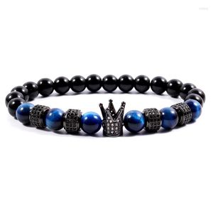 Bracelets de charme 2023 Pulseira clássica da coroa Men Royal Pave Cz Blue Tiger Eye Stone Strand para Jóias Presente