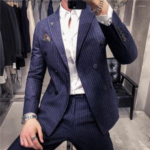 Ternos masculinos de alta qualidade de trespassada listrada para homens roupas vestidos de noiva de vestidos de noiva vestir calças de blazer casual blazer