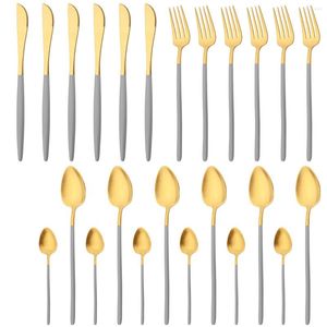 Dinnerware Sets 24Pcs Matte Gold Cutlery Set 304 Stainless Steel Knives Fork Coffee Spoon Tableware Kitchen Flatware Silverware