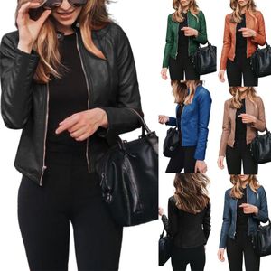 Куртки осень сплошной цветовой кожаные куртки для женщин 2021 с длинным рукавом воротнич