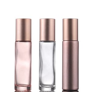 Frascos de vidro roll-on vazios de 10 ml, frasco de óleo essencial de perfume, frascos de roll-on de ouro rosa de 10 ml e tampa de plástico 500 pçs/lote