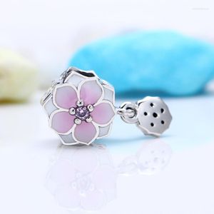 Loose Gemstones Genuine 925 Sterling Silver Charm Enamel Magnolia Bloom Duo With Crystal Pendant Beads Fit Bracelet & Necklace