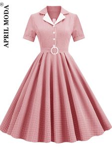 ドレスピンクレトロ1950年代ビンテージロカビリードレススイングカジュアルサマーボタンフロントターンダウンカラー格子縞のプリントピンナップドレス