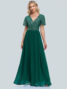 Party Dresses Women's Short Sleeve V-Neck Sequin A-Line Maxi Dress Empire Midje Cocktail Gown Long Evening Prom