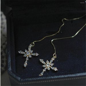 Dangle Küpeler El yapımı Zirkon Tesselation Cross Charm Uzun Kulak Çizgisi 925 Sterlling Gümüş Püskül Japon Koreli Sevimli Kadın Mücevherat