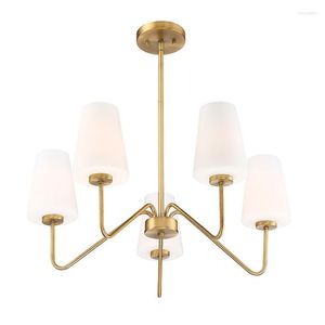Pendant Lamps Small American Chandelier Modern Minimalist Light Luxury Warm Dining Room Bedroom Study Glass Lampshade Full Copper