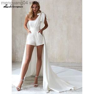 Party Dresses Sexy Strapless Short Jumpsuit Wedding Dress 2023 Stain Long Sweep One Bow Shoulder Waisted Robe Backless Bride Gown vestidos T230502