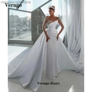 Abiti da festa Verngo Perline scintillanti Abiti da sposa a sirena Raso Treno attaccabile Sheer Neck Maniche lunghe Dubai Arabo Abiti da sposa di lusso T230502