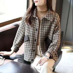 Women's Wool & Blends Cotton/Inner Square Collar Houndstooth Short Woolen Coat Autumn Winter Loose Female Jacket