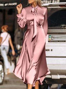 Dress Celmia 2022 Elegant Sheath Maxi Sundress Casual Strappy Bow Tie Wrap Kleid Vestidos Women Long Sleeve Satin Silk Lady Long Dress