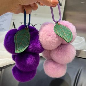 Keychains Real Rex Fur Grapes Keychain Kids Cute Plush Bag Car Keyring Ornaments Charm Pendant Women Luxury Jewelry Birthday Gifts