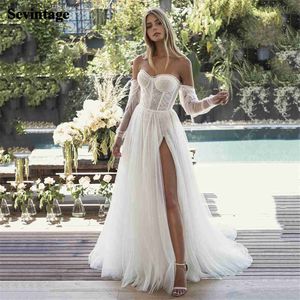 Party Dresses Soft Tulle Lace Boho Wedding Dress Removable Long Sleeves Bride Dress 2021 High Slit Pleats Beach Wedding Party Gowns Princess T230502
