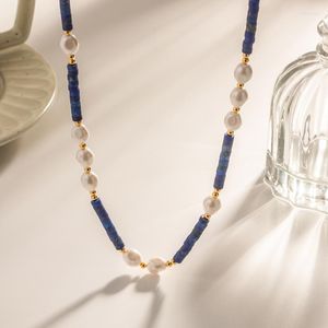 Choker minar ins marinblå natursten lapis pärlor halsband 18k guld pläterad rostfritt stål glas pärlhalsband kvinnor