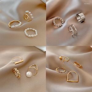 Küme halkaları moda altın eklem maftası kadınlar için bükülme minimalist basit kadın inci ayarlanabilir parmak yüzüğü set mücevher aksesuarları