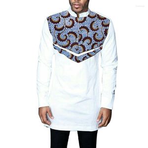 Men's Casual Shirts African Design White Men's Patchwork Shirt Print Stand Collar Tops Nigerian Fashion Male Groom Wear