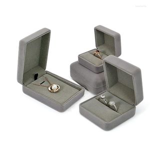 Bolsas de jóias Bolsas de veludo cinza anel duplo e grande caixa de pendente para o Valentine Wedding Display Packaging Organizer Storage