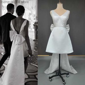 Party Dresses Short Mini Satin V Neck Bridal Gown Stor Bow Custom Made Plus Size Open Back Less Drop Ship Over Kne Length Wedding Dress T230502