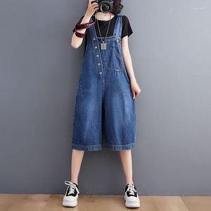 Women's Shorts Korean Fashion Button Strap Washed Blue Overalls Denim Summer Pockets Bleached Jeans Jumpsuits Ladies Rompers Casual