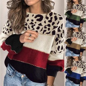 女性のセーター女性セーターセーター秋の冬コントラスト色の丸い丸い首長いスリーブプルオーバーヒョウのプリントファッションニット気質