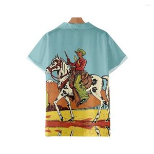 Camisas casuais masculinas Moda de manga curta Cowaiian Cowboy camisa estampada de verão Men de colar de gola virada para baixo