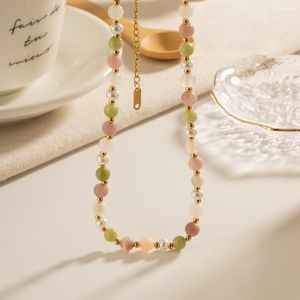 Choker Minar Bohemia Candy Color Natural Stone Pearl Beads Strand Women 18K Gold PVD Plated Titanium Steel Necklace