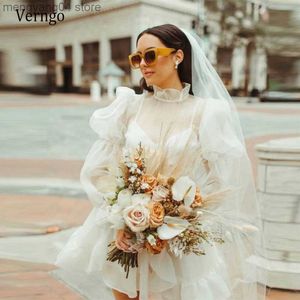 Party Dresses Verngo Vintage Ivory Organza Short Wedding Party Dresses Puff Long Sleeves Tie High Neck Ruffles Beach Wedding Bridal Gowns T230502