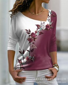 女性のTシャツ花柄の非対称ネック長袖トップ女性春夏シャツキャミスタンクトップフラワーブラウス