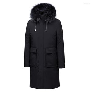 Masculino para baixo -51 graus de inverno grosso quente seção longa colarinho de pêlo com capuz de casaco de pato branco casual casual fora de parkas