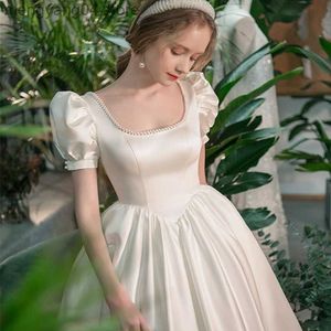 Party Dresses New Satin Wedding Dress Vintage Square Collar Puff Sleeve Robe de Mariee French Simple Sweet Princess Vestidos de Novia T230502