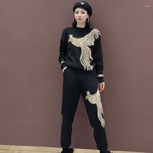 Women's Two Piece Pants Manual Beaded Sequins Phoenix Knitted Tracksuit Outfits Women Long Sleeve Sweater Pencil Trousers Ladies Casual Knit