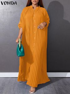 ドレス2022 Vonda Autumn Vintage Long Dress Women Holiday Maxi Sundress Long Sleave Button Upドレスカジュアルパーティールーズシャツヴェスティド