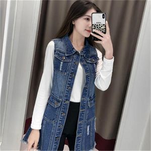 Vests Plus Size Women Vest 6xl Jeans Jacket Fashion Sleeveless Lapel Long Denim Vest Elegant AllMatch Korean Coats Overiz Tops A672