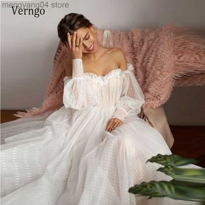 Vestidos de festa Verngo New Buff mangas compridas Dot Tule A Line Wedding Dress 2021 Off The Hugene Elegante Bridal Vestis Dresses Princess Bridal Dresses T230502