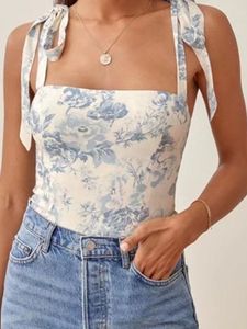 T-Shirt Retro Anpassen Bogen Strap Blau Weiß Blumendruck Camis Frauen Sommer Korsett Geraffte Kurze Tank Tops Mädchen Sexy Schlank Crop Top Tees