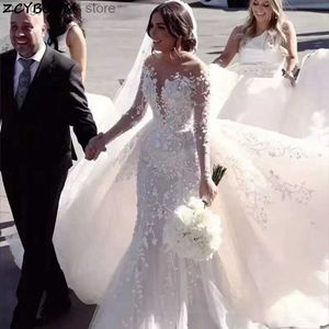 Festklänningar 2023 Nya sjöjungfru lyxig bröllopsklänningar Eleganta brudklänningar Långa ärmar 2 i 1 avtagbar tåg Vestidos de Novia Wedding Dress T230502