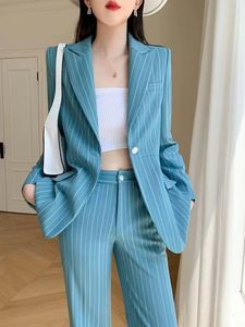 Women's Two Piece Pants 2023 Spring Autumn Women 2 Pieces Striped Sets Blazer Coat Tops Long Trousers Office Lady Suits