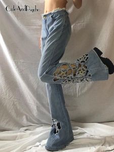 Jeans cuteandpsycho floral ihålig ut y2k flare jeans tofs vintage streetwear mode denim byxor kvinnor streetwear grunge byxor