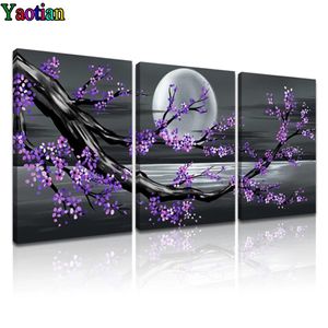 Stich diy Diamantmalerei Lila Pflaumenblüten Mond Landschaft Hausdekoration DIY MOSAIC Diamant Sticker Triptychon Drop Versand