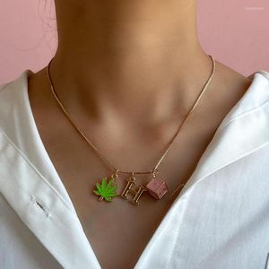 Kedjor kpop söt bokstav fyrkant tärning hänge halsband för kvinnor tjej kreativ enkel grön emalj blad kedja choker halsband smycken