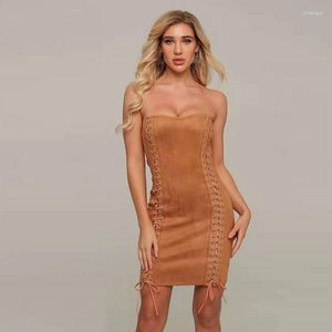 Casual Dresses Sexy Strapless Backless Bodycon Dress Fashion Lace Up Suede Mini Party Vestidos Women Summer Sleeveless Brown Club 2023