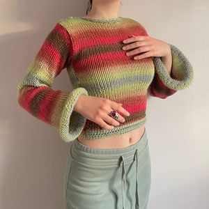 Kvinnors tröjor Kvinnor långärmad gröda topp virkning stickad färgblock pullover jumper toppar lösa lapptäckskjortor 90 -tals streetwear