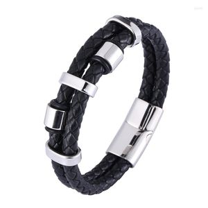 Charm Bracelets Fashion Double Genuine Leather Woven Bracelet Mens Jewellery Stainless Steel Magnet Buckle Male Wholesale SP1358