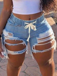 Tops LW Street Midwaist Distressed Ripped Drawstring Denim Shorts Elastic Waist Solid Color Sxy Tassel Trendy Streetwears