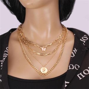 Pendant Necklaces Boho Fashion Head Portrait Coin Butterfly Necklace For Women Vintage Female Punk Multilayer Gold Color Chain Jewelry Gif