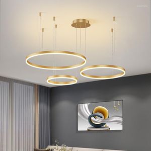 Lampade a sospensione Lampadario moderno minimalista a LED Illuminazione domestica Anelli spazzolati Lampada a sospensione montata a soffitto Colore nero caffè