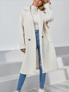 Pelz Frauen eleganter Teddy Coat Winter verdicken warme koreanische Lange Frauenmängel Tasche Drop Schulter lässig weiße Klartedrehkragen