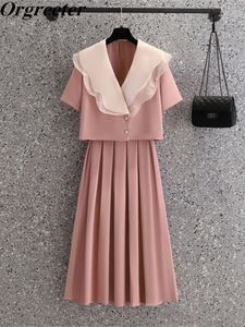 Two Piece Dress Sweet Ruffles Collar Short Jacket Blouse TopsPleated Long Skirt Suits Female Elegant Lady Summer Two Piece Set Women Outfits 230503