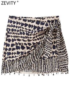 Skirts Zevity Women Vintage Geometric Print Knotted Mini Sarong Skirt Faldas Mujer Female Beading Tassel Casual Zipper Vestidos QUN4078 230503